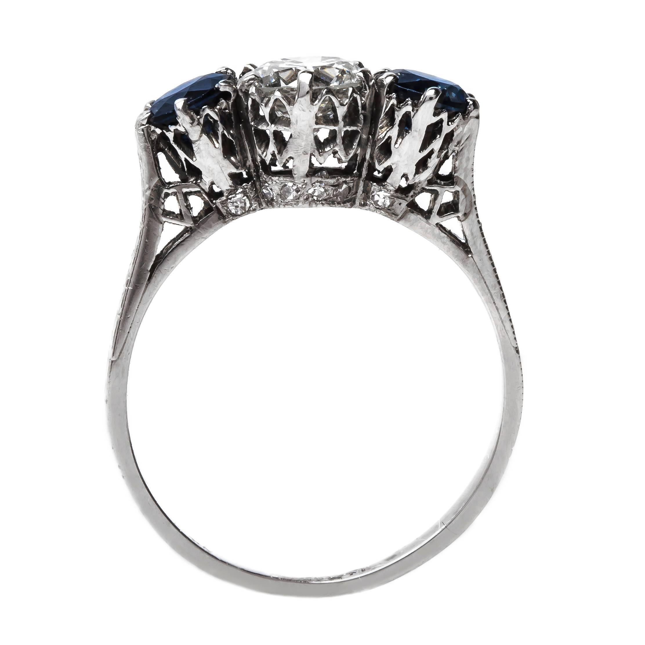 Modern Diamond Sapphire Platinum Three-Stone Engagement Ring  For Sale