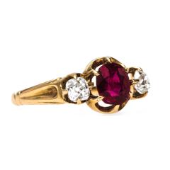 Authentic Victorian Era Ruby Diamond Gold Three Stone Engagement Ring