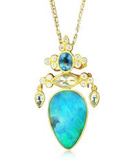 Paula Crevoshay Boulder Opal Aquamarine Moonstone Gold Pendant