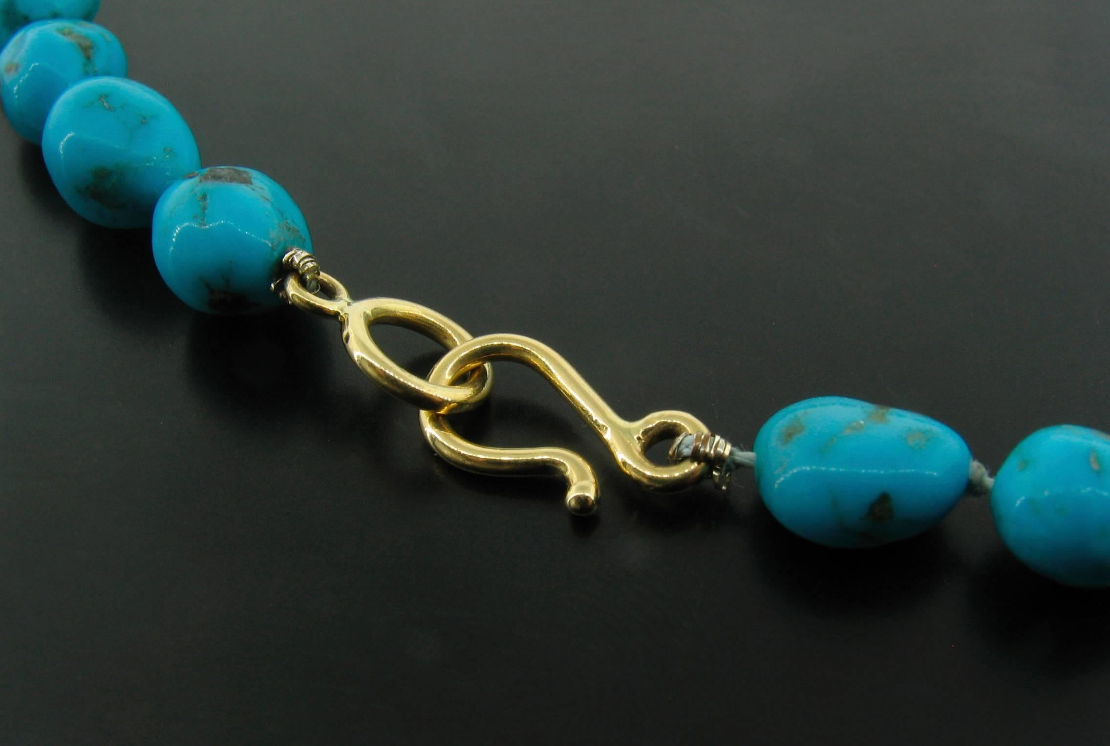 This baroque-style Turquoise bead necklace was designed and made by well known designer Victor Velyan.  It contains 40 beads, individually knotted on silk and measures 18