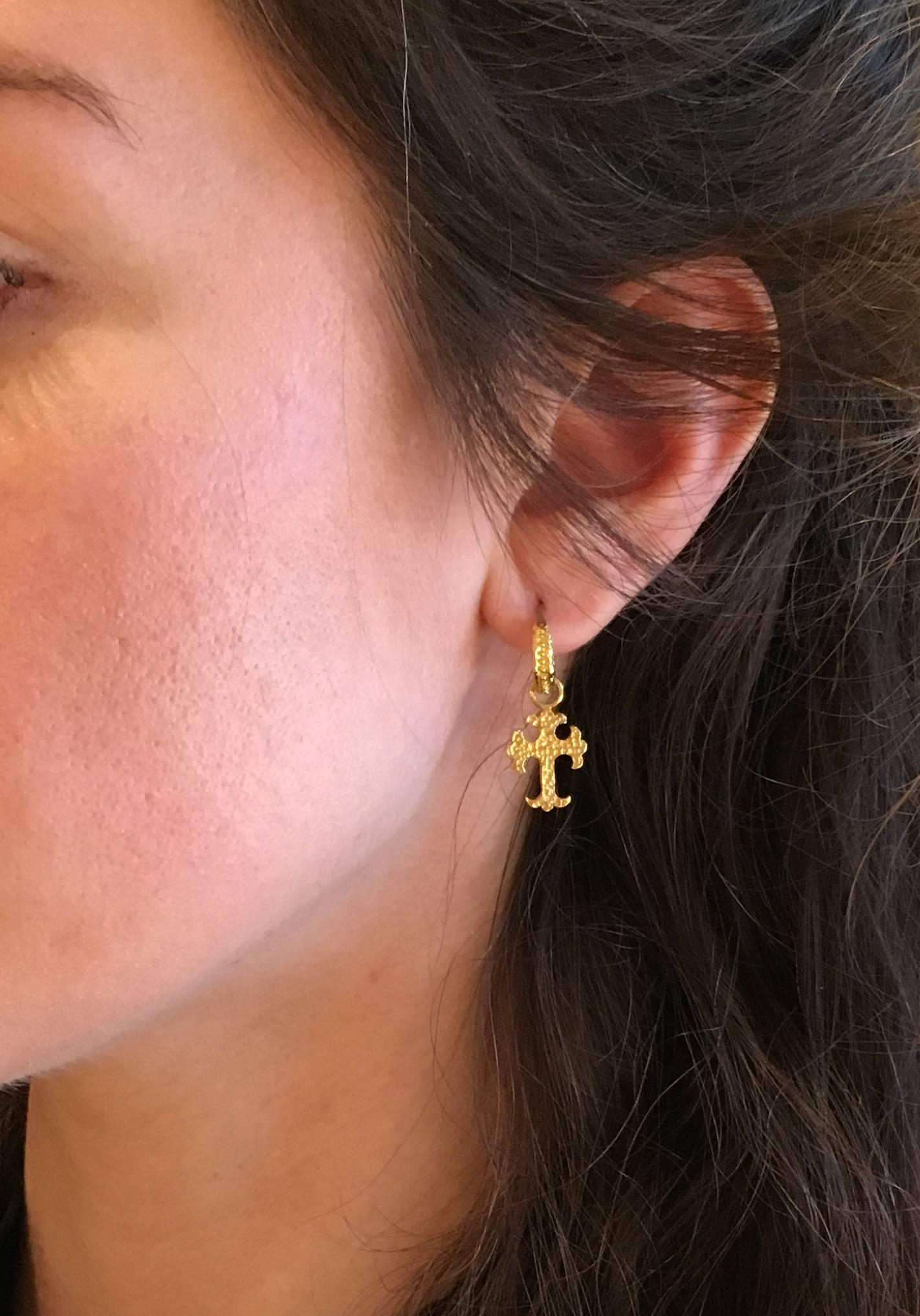 Victor Velyan Gold Hoop Earrings with Cross Charms In New Condition In Carmel, CA