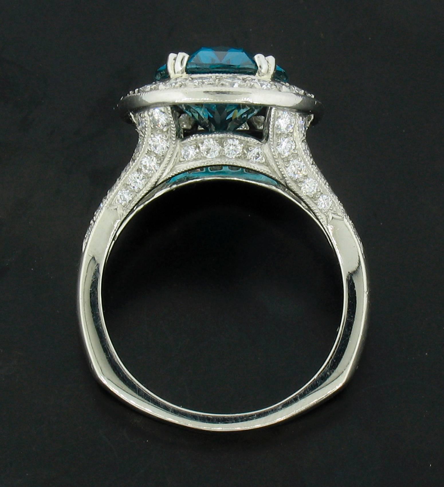 Richard Krementz Blue Zircon Diamond Platinum Ring In New Condition In Carmel, CA