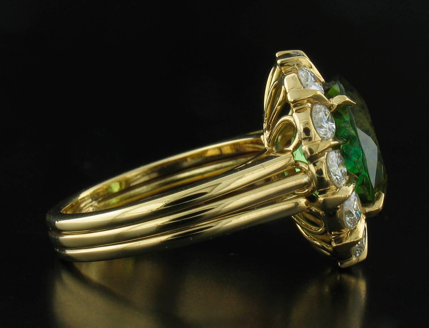 Green Tourmaline and Diamond Ring in Yellow Gold In New Condition In Carmel, CA