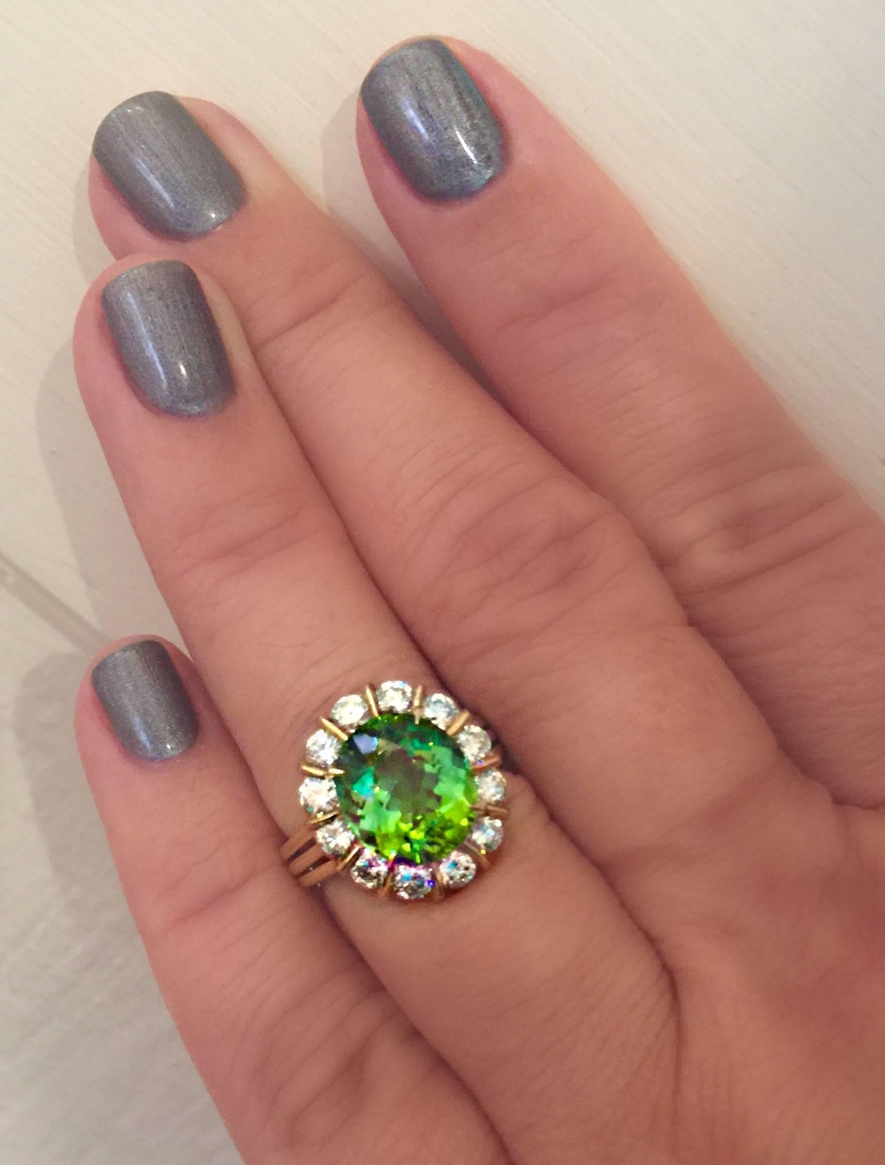 Green Tourmaline and Diamond Ring in Yellow Gold 2