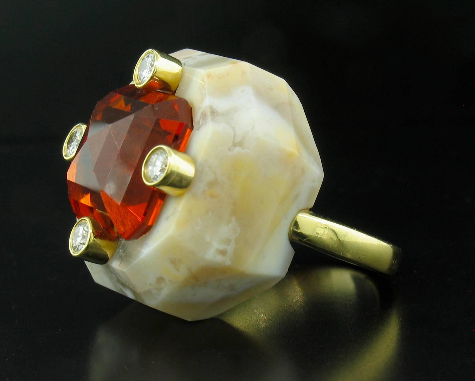 Designer Nicholas Varney's Signature 'Duo' Ring features a banded agate base with a stunning 15.55ct Square Step-cut Spessartite of the highest quality.  Spessartite in this color is very rare.  In fact, the only rarer garnet is the Demantoid.  This