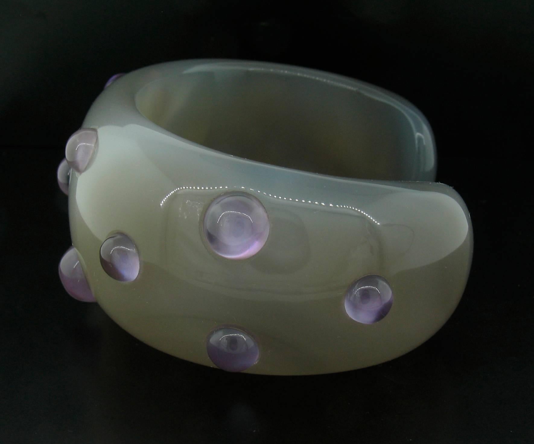Lovely, carved grey agate cuff is dotted with cabochon Amethyst stones.  Extremely comfortable and a great fashion statement!  3