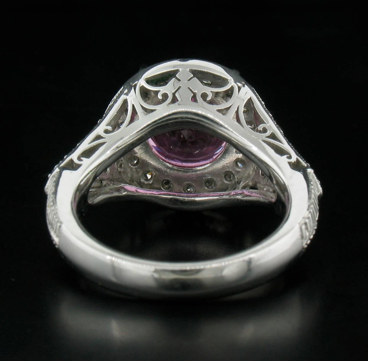 Pink Sapphire and Diamond Ring in Platinum In New Condition For Sale In Carmel, CA