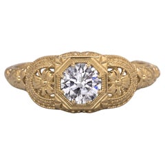 Round Diamond Floral Engraved Art Deco Style Solitaire Ring