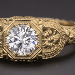 Round Diamond Floral Engraved Art Deco Style Solitaire Ring