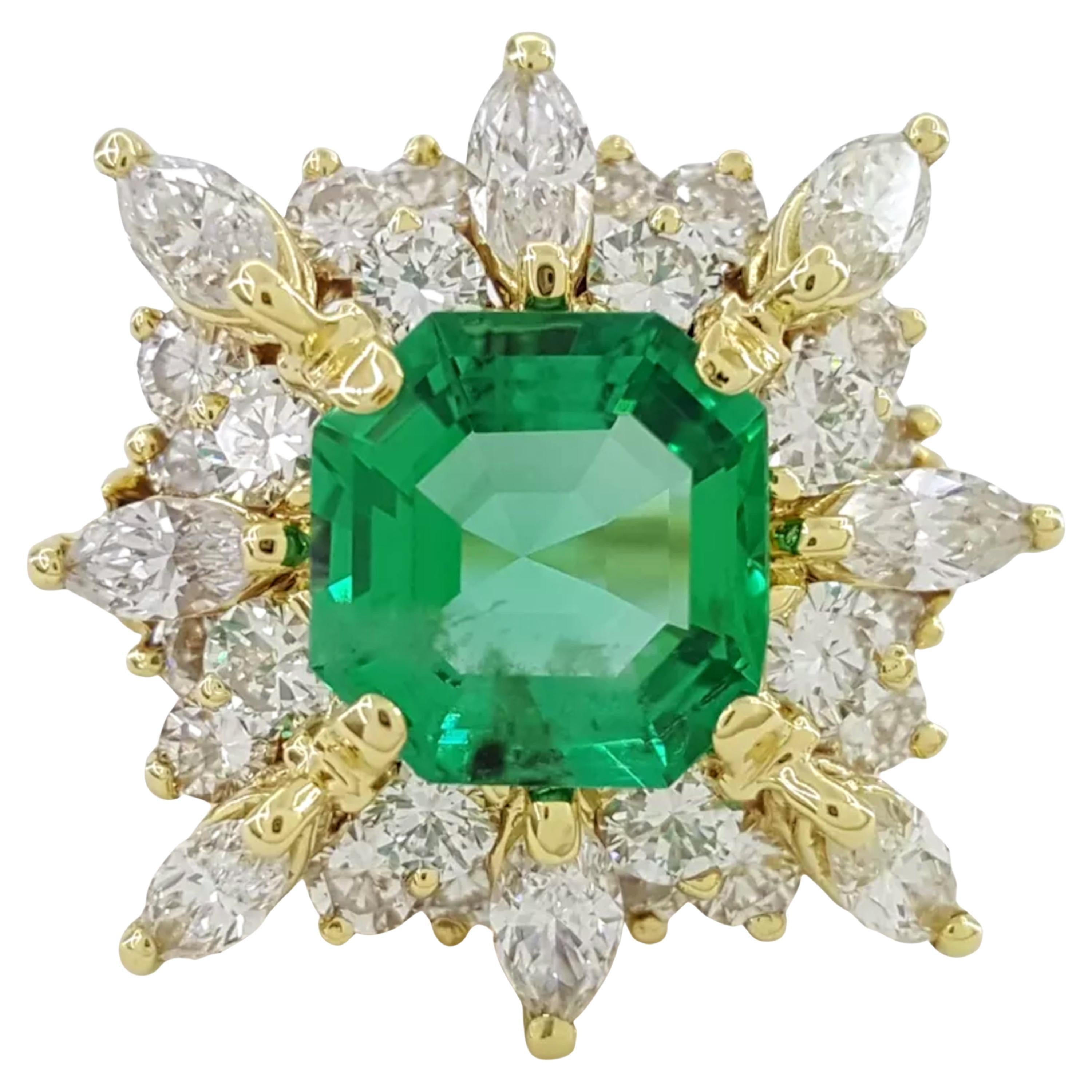 GIA Certified 1950s MINOR OIL Emerald and Diamond Ring in 18K Yellow Gold
