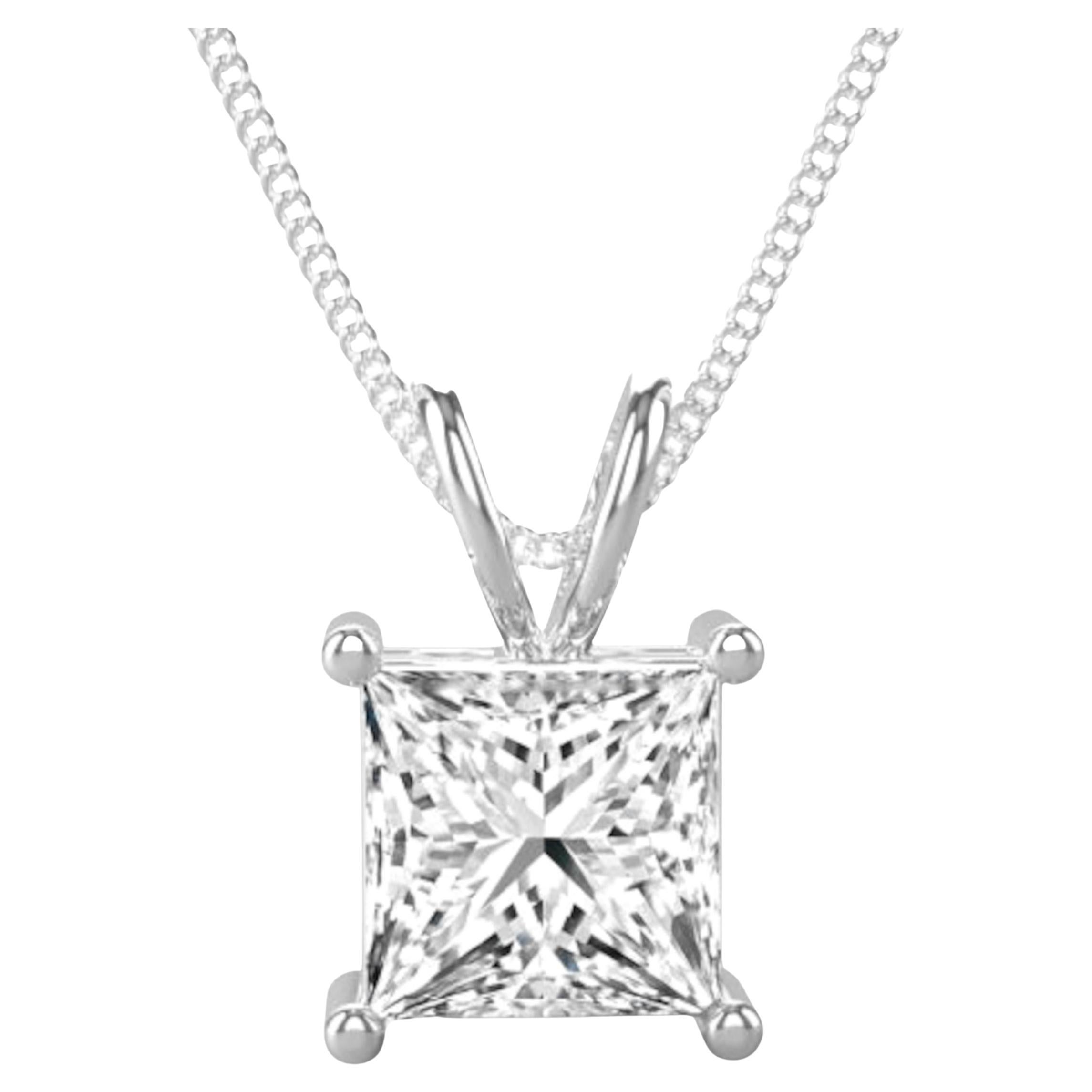GIA Certified 3 Carat Princess Cut Diamond 14K White Gold Chain Pendant