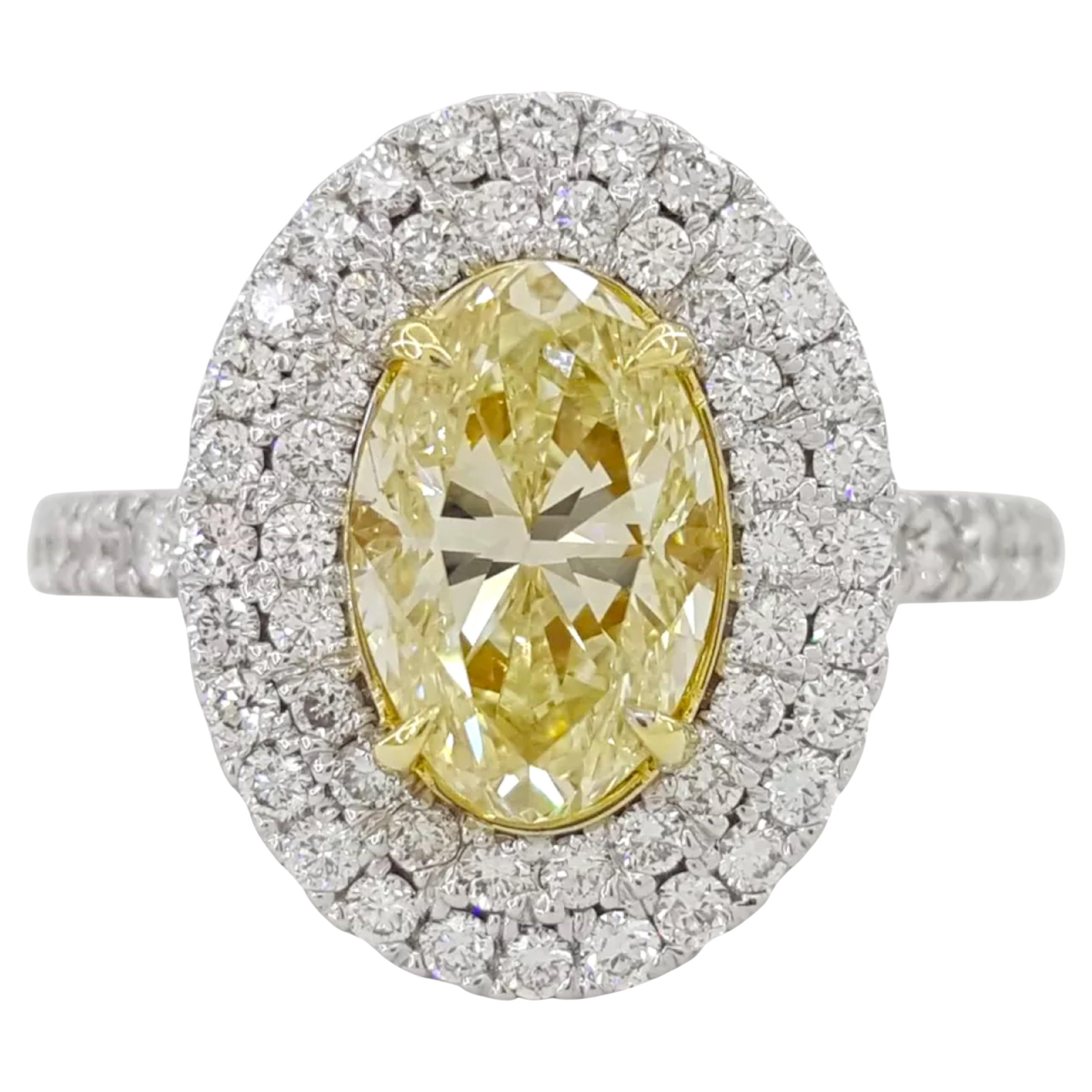 Anello in oro 14K con doppio diamante ovale giallo fantasia da 1,74 carati