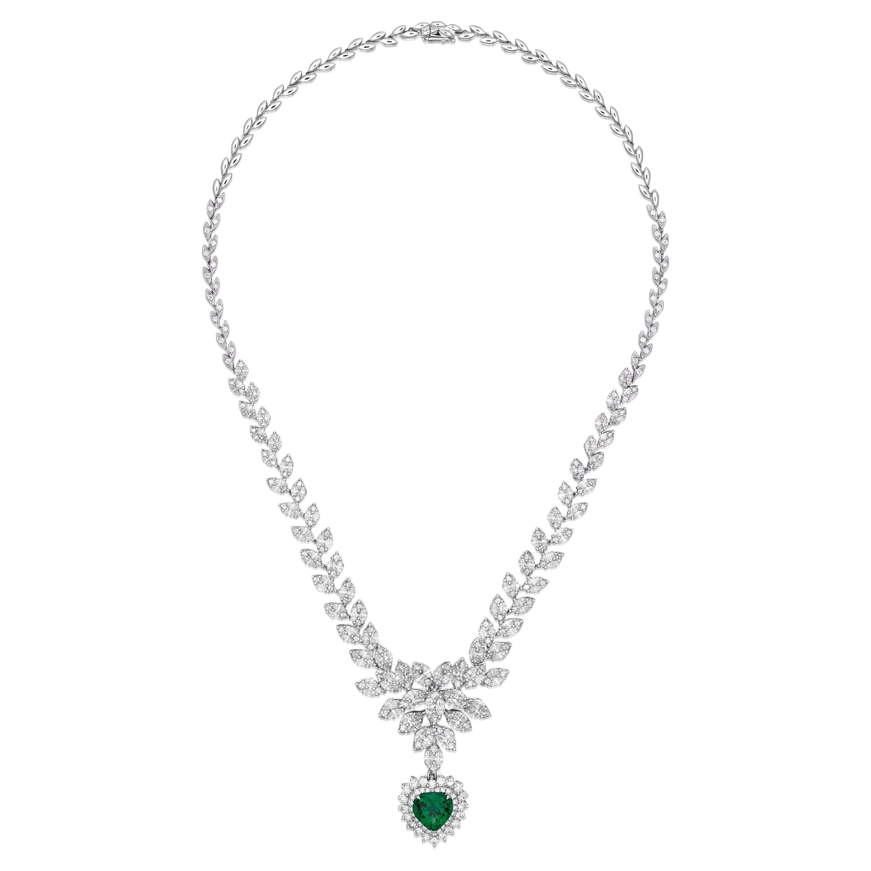 15 Ct. ICA LAB Pear Shape Minor Oil Emerald Diamond Necklace