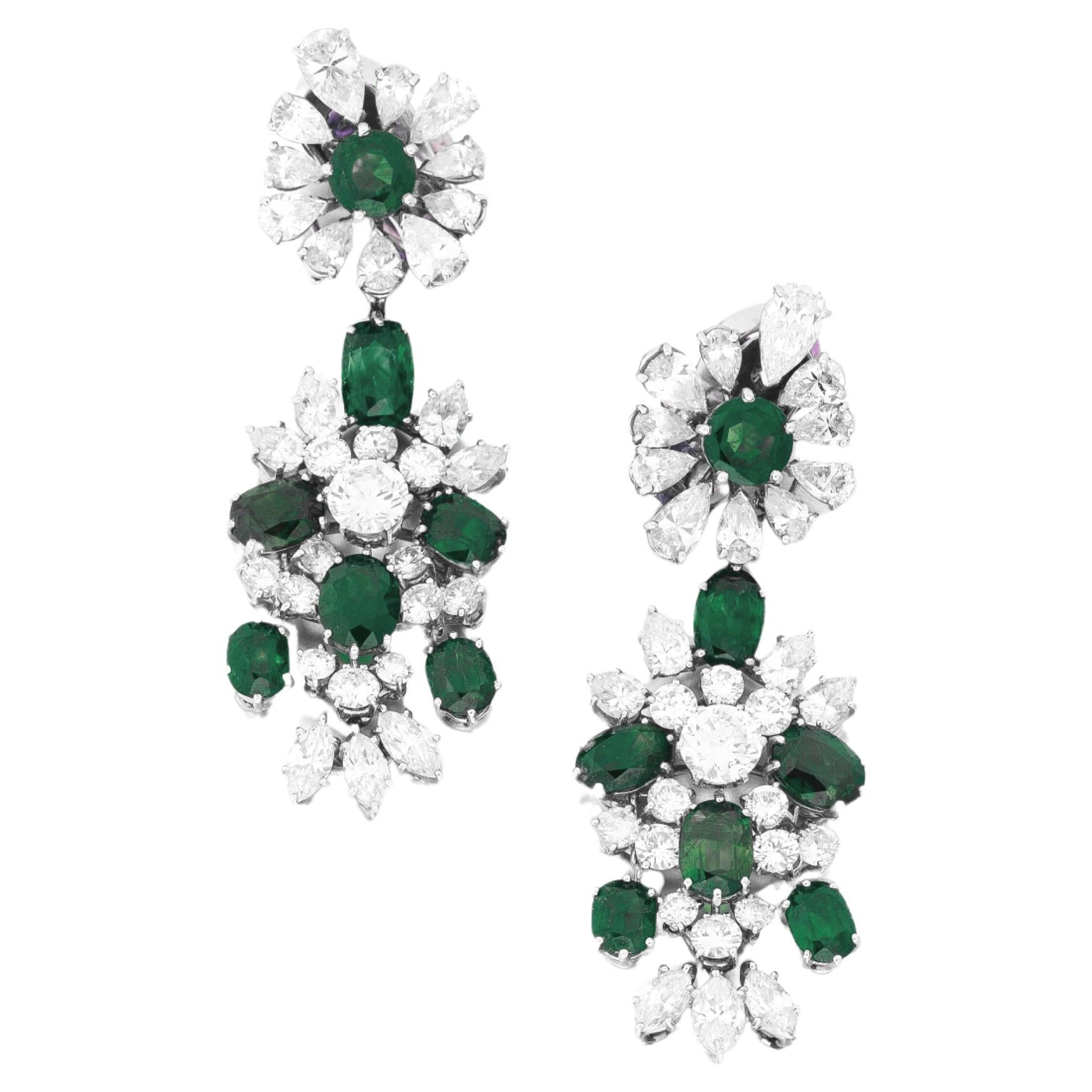 Chandelier Oval Emeralds Marquise pear and brilliant cut diamond dangle earrings