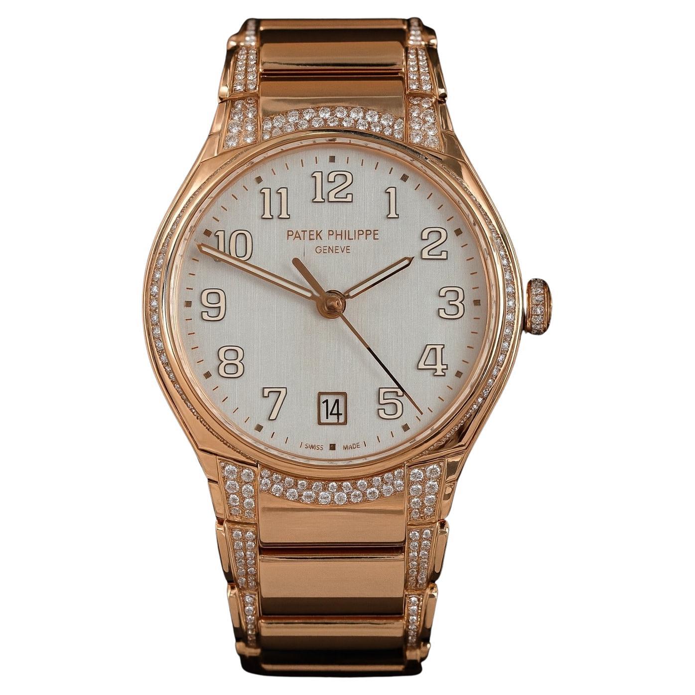 Patek Philippe 18K Rose Gold Twenty Automatic Pavé Diamond Watch For Sale