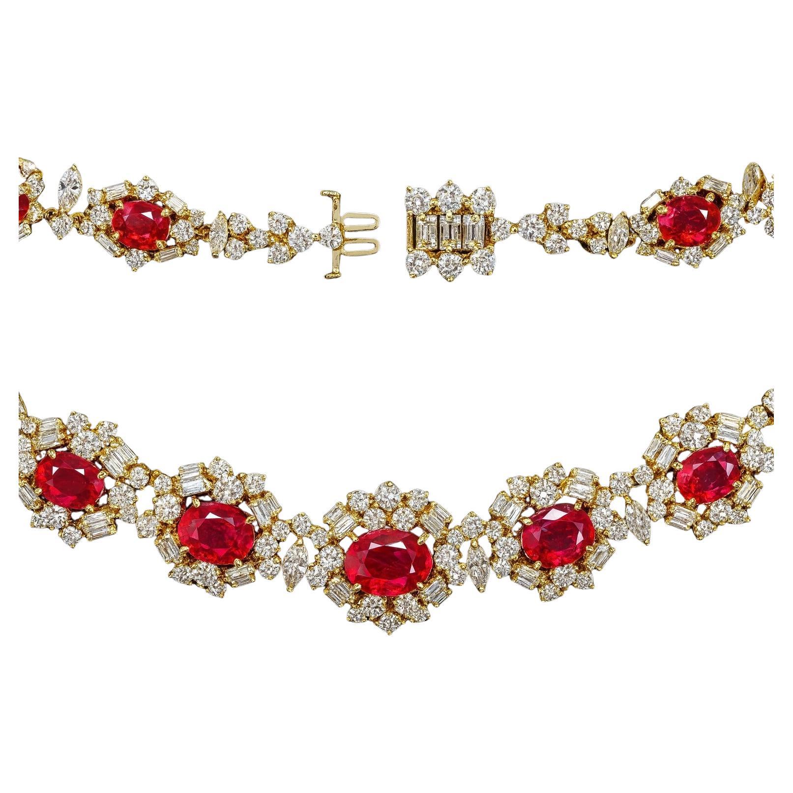 GIA Certified 73 Carat Oval Burma Pigeon Blood Ruby & Diamond Riviera Necklace