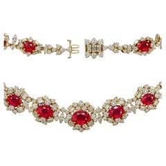 GIA Certified 73 Carat Oval Burma Pigeon Blood Ruby & Diamond Riviera Necklace