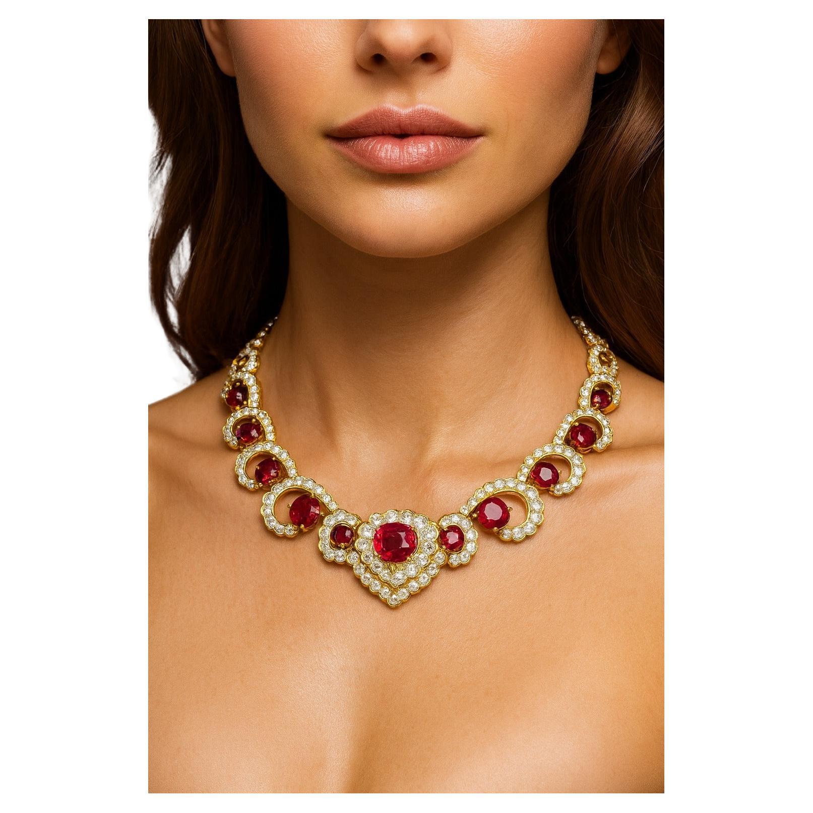Estate Collier ras du cou en or blanc et jaune 18K avec diamants et rubis