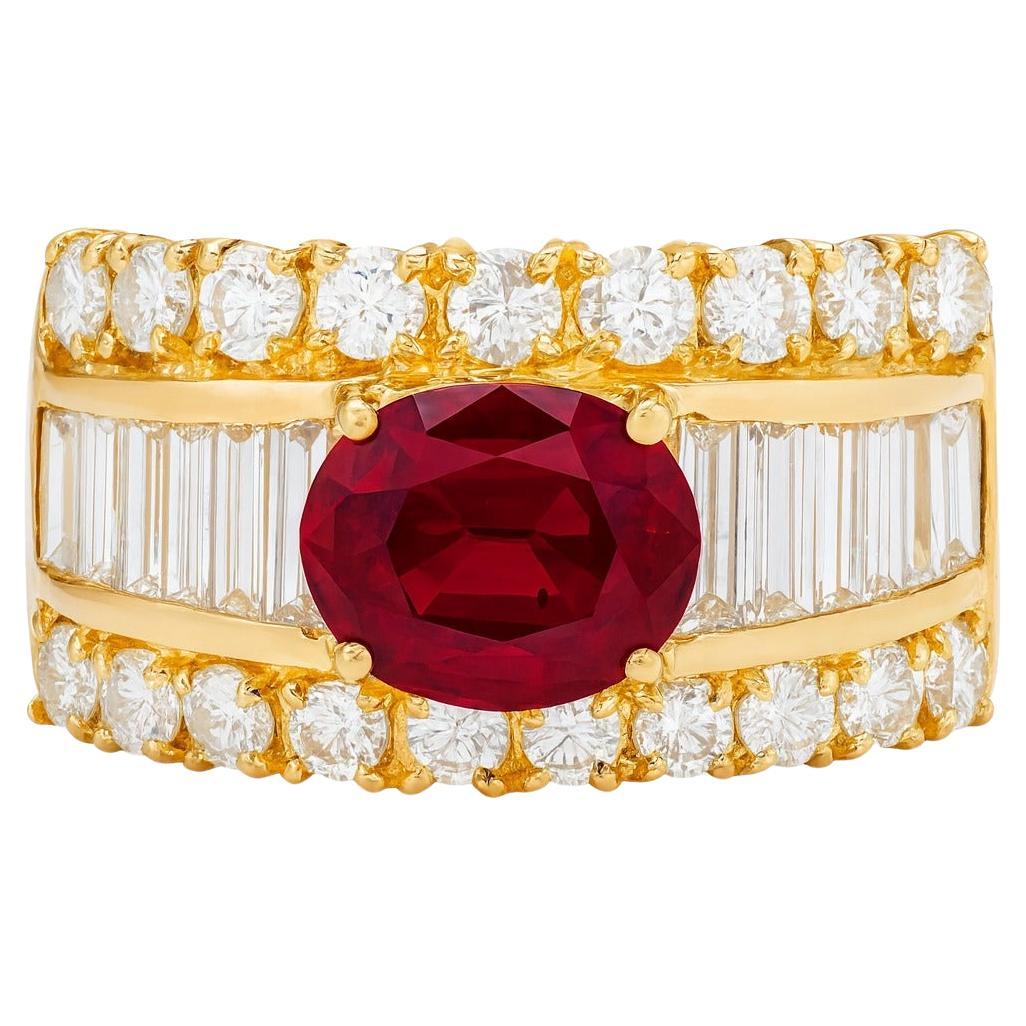 Bague Vintage en or jaune 18 carats rubis 2.54 carats et diamant 1.50 carats en vente