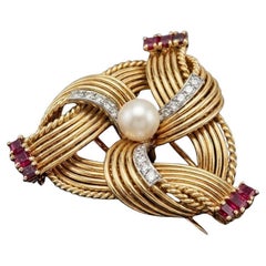 Cartier Ruby Diamond Pearl Brooch 18K Yellow Gold