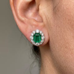 5 Carat Emerald and Diamond Halo Stud Earrings in 18k White Gold