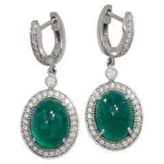 11 Carat Oval Cabochon Emerald Diamond Drop Earrings in 14k White Gold