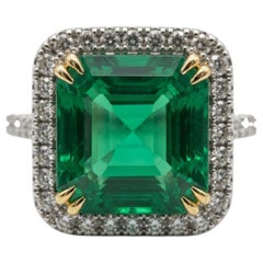 GIA 8.46 Minor Oil Carat Colombian Emerald Diamond Halo Ring