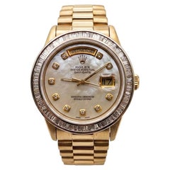Rolex Day-Date 18k Yellow Gold Baguette Diamond Bezel Wrist Watch