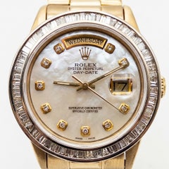 Rolex Day-Date 18k Yellow Gold Baguette Diamond Bezel Wrist Watch