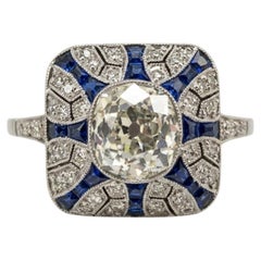 EGL-zertifizierter Art-Déco-Ring aus Platin mit einem 2-Karat-Diamanten im Old-Mine-Schliff und einem Saphir