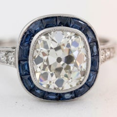 2 Carat Old Mine Cut Diamond and Sapphire Platinum Target Ring