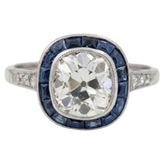 2 Carat Old Mine Cut Diamond and Sapphire Platinum Target Ring