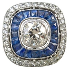 1-Karat-Diamant im alten europäischen Schliff mit Saphir im Art-déco-Stil – Halo-Ring