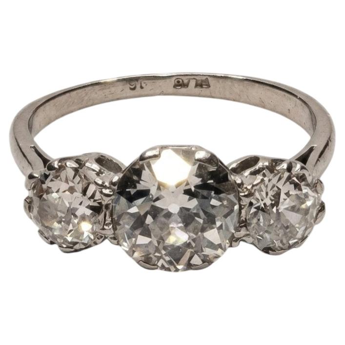 3 Carat Old European Cut Diamond Three-Stone Ring For Sale