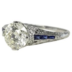 2 Carat Old European Cut Diamond Sapphire Art Deco Platinum Engagement Ring