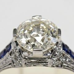 2 Carat Old European Cut Diamond Sapphire Art Deco Platinum Engagement Ring