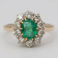 Antique Emerald and Diamond Cluster Cocktail Ring in 14k Gold