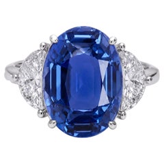 GRS Certified 7.04 Carat Unheated Ceylon Blue Sapphire Diamond Three Stone Ring