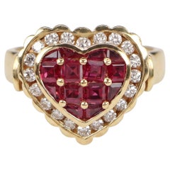 1 Carat Ruby Diamond Heart 18K Yellow Gold Cocktail Ring