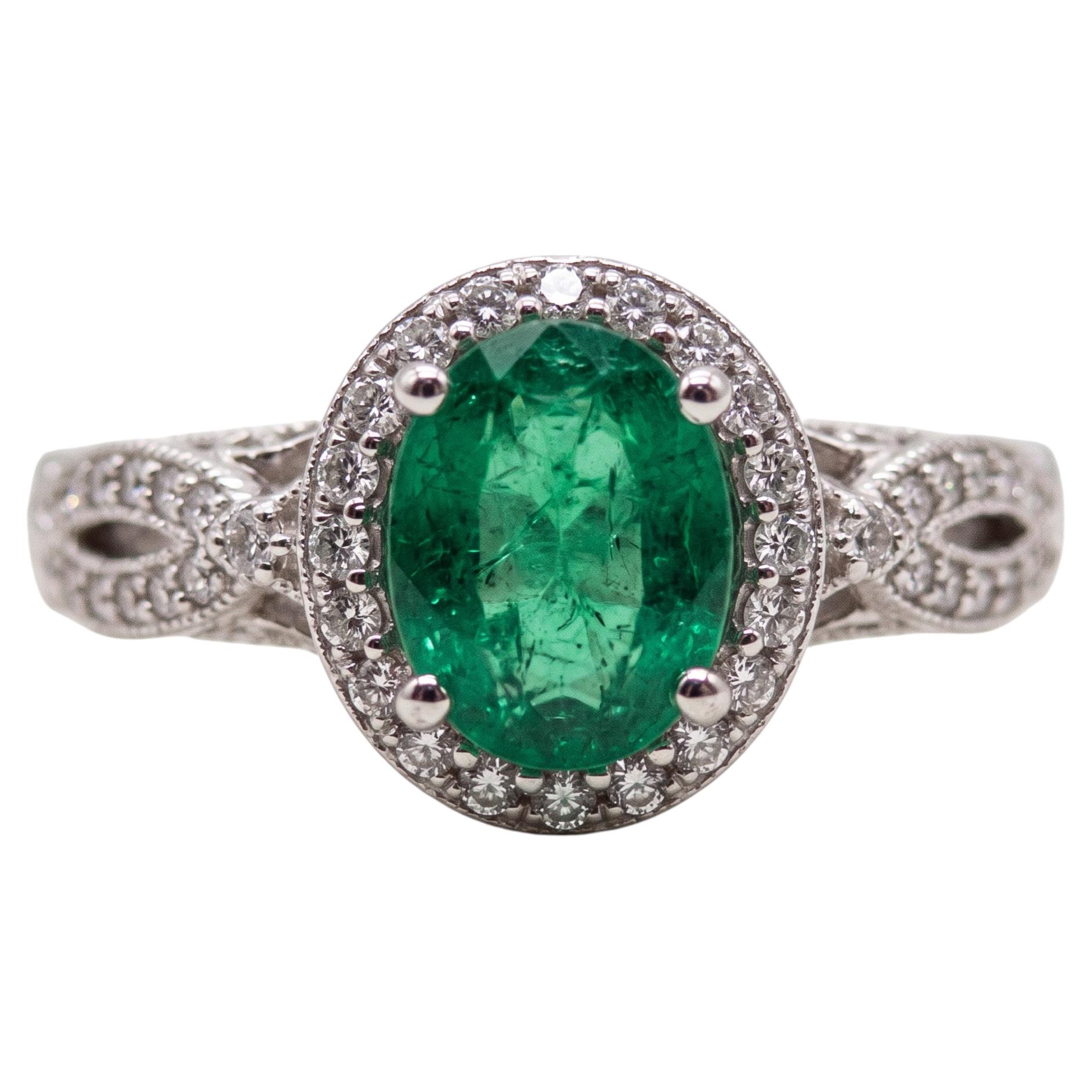 Pre-owned Verragio 1.5 Carat Colombian Emerald Diamond Halo 18k White Gold Ring