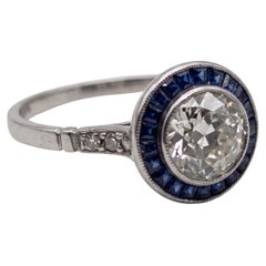 1 Carat Old European Cut Diamond Art Deco Sapphire Platinum Ring