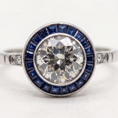 1 Carat Old European Cut Diamond Art Deco Sapphire Platinum Ring