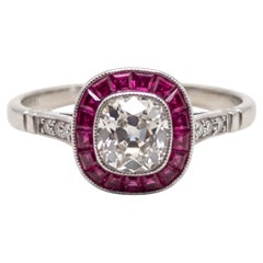 Art Deco Old Mine Cut Diamond and French Cut Ruby Platinum Ring