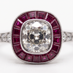 Art Deco Old Mine Cut Diamond and French Cut Ruby Platinum Ring