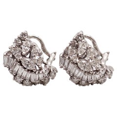 4 Carat Diamond Baguette Marquise 14k White Gold Cluster Earrings
