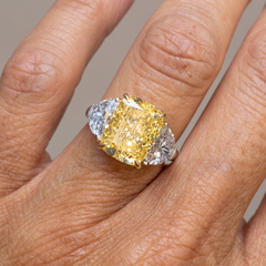 4 Carat Fancy Yellow VS2 Cushion Diamond White and Yellow Gold Ring