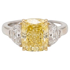 4 Carat Fancy Yellow VS2 Cushion Diamond White and Yellow Gold Ring