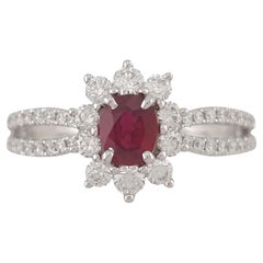 Oval Ruby & Diamond Halo Split Shank Ring in 18k White Gold
