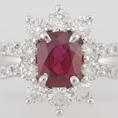 Oval Ruby & Diamond Halo Split Shank Ring in 18k White Gold