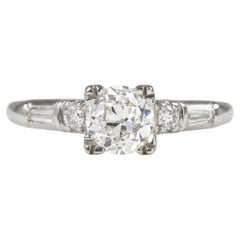 Art Deco Platinum Old European Cut Diamond and Baguette Engagement Ring